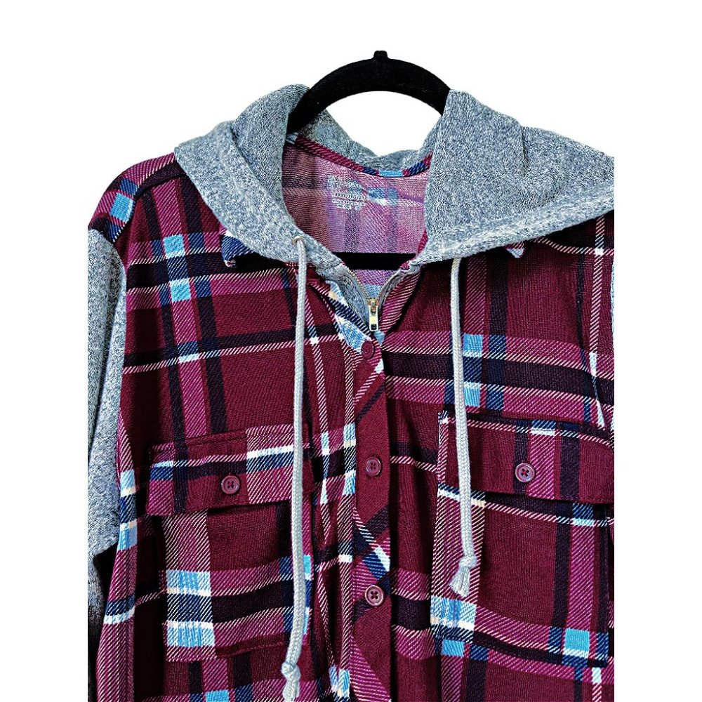 Gray and Wine Plaid Super Soft Hoodie Full Zip 3X - Picture 2 of 3